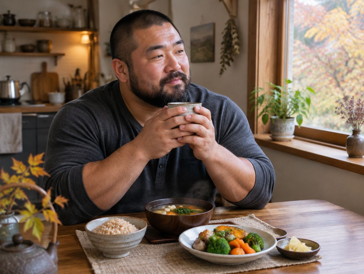 温かい飲み物と食事で体をいたわる男性