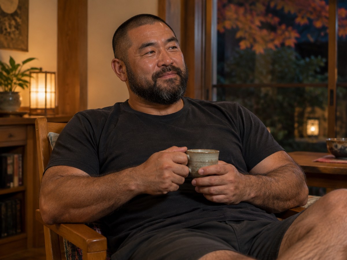 室内で温かいお茶を飲みながらリラックスする男性のイメージ