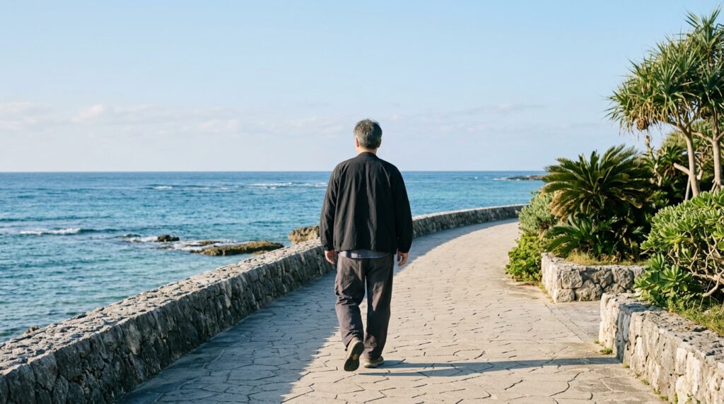 沖縄の海沿いの道を歩く男性の後ろ姿